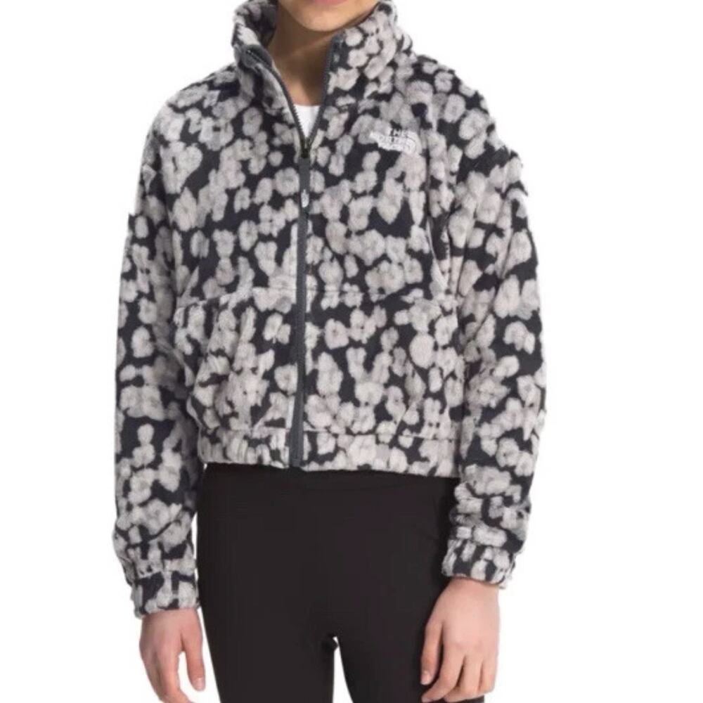 North Face Girls OSOLITA Fleece Full Zip Jacket Grey Leopard Print Size L
